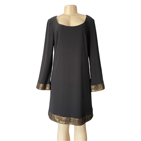 NW NIGHTWAY Womans Black Gold Sequin Flare‎ Bell Sleeve Dress Midi Stretch 10 - Picture 1 of 8